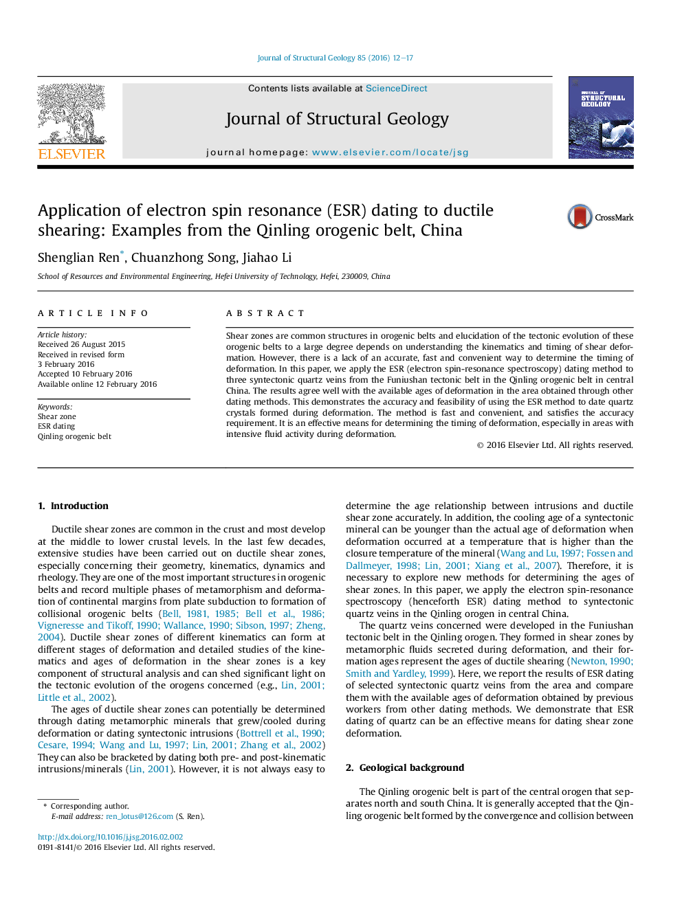 Application of electron spin resonance (ESR) dating to ductile shearing: Examples from the Qinling orogenic belt, China