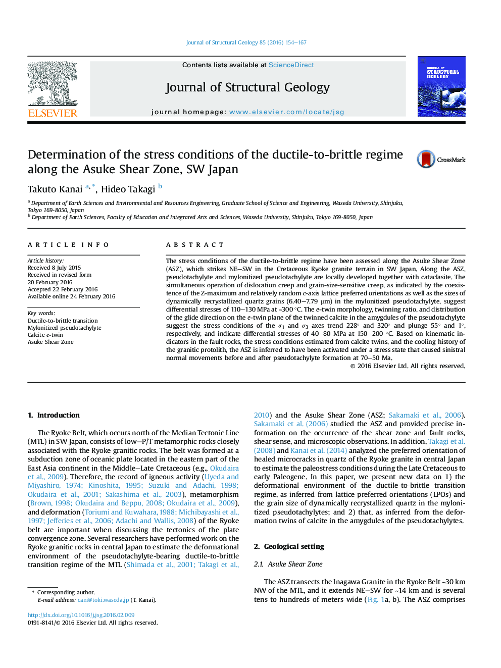 Determination of the stress conditions of the ductile-to-brittle regime along the Asuke Shear Zone, SW Japan