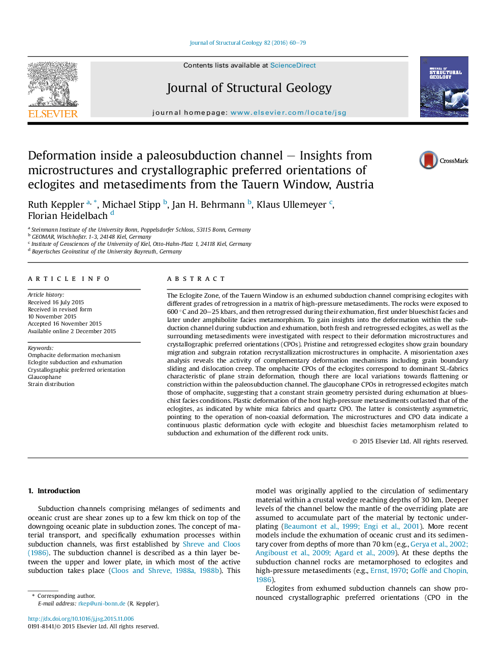 Deformation inside a paleosubduction channel - Insights from microstructures and crystallographic preferred orientations of eclogites and metasediments from the Tauern Window, Austria