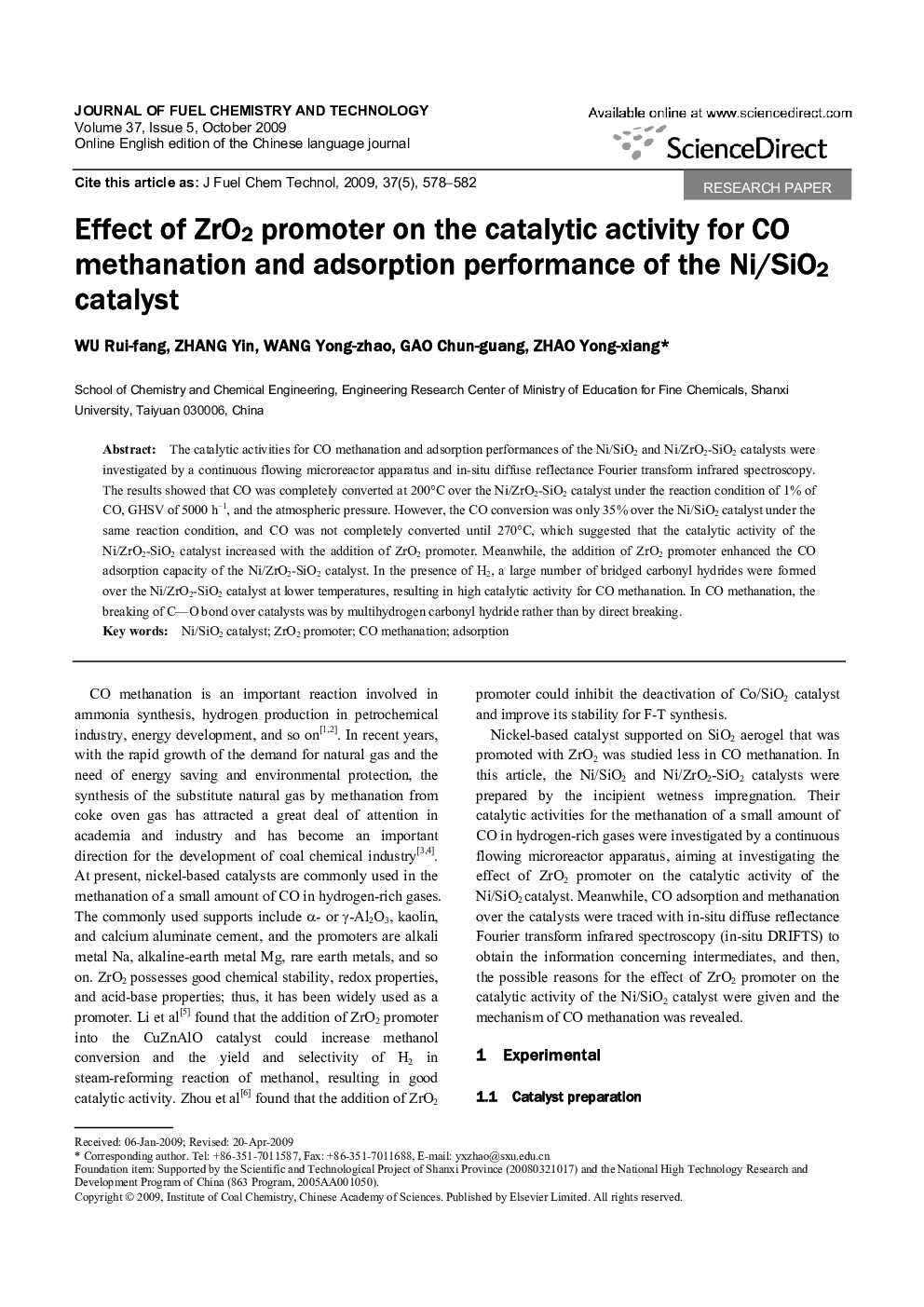 Effect of ZrO2 promoter on the catalytic activity for CO methanation and adsorption performance of the Ni/SiO2 catalyst 