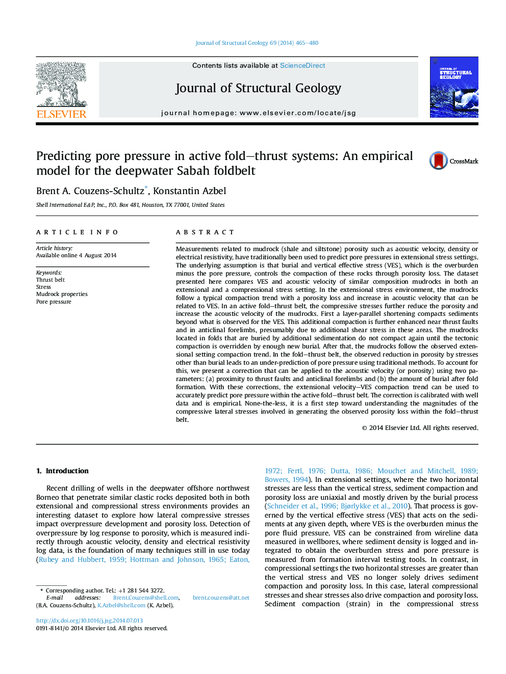 Predicting pore pressure in active fold-thrust systems: An empirical model for the deepwater Sabah foldbelt