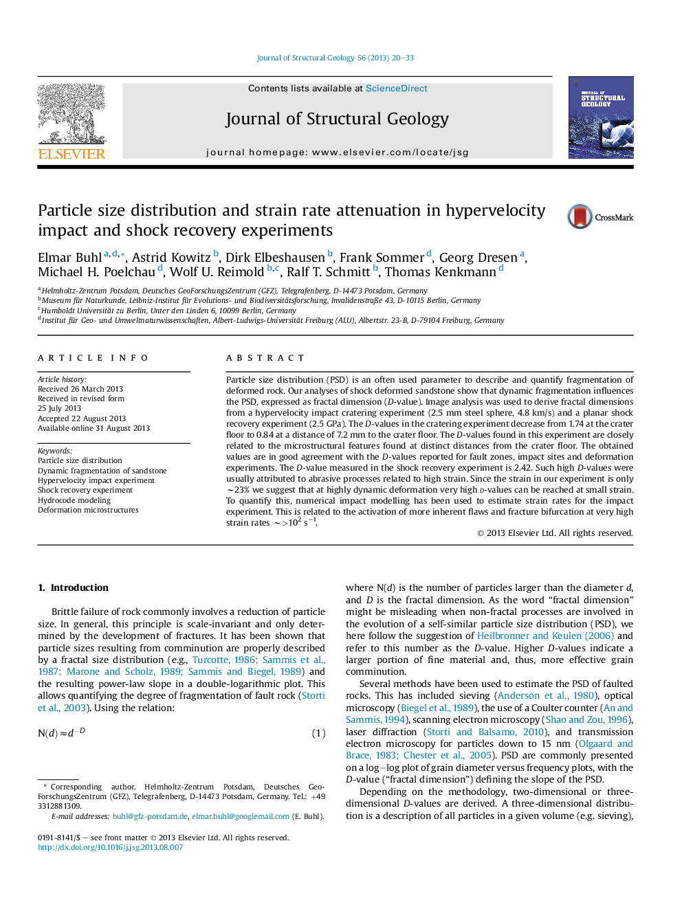 Particle size distribution and strain rate attenuation in hypervelocity impact and shock recovery experiments