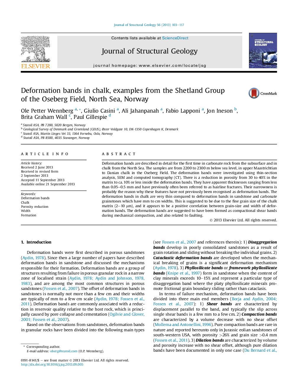 Deformation bands in chalk, examples from the Shetland Group of the Oseberg Field, North Sea, Norway