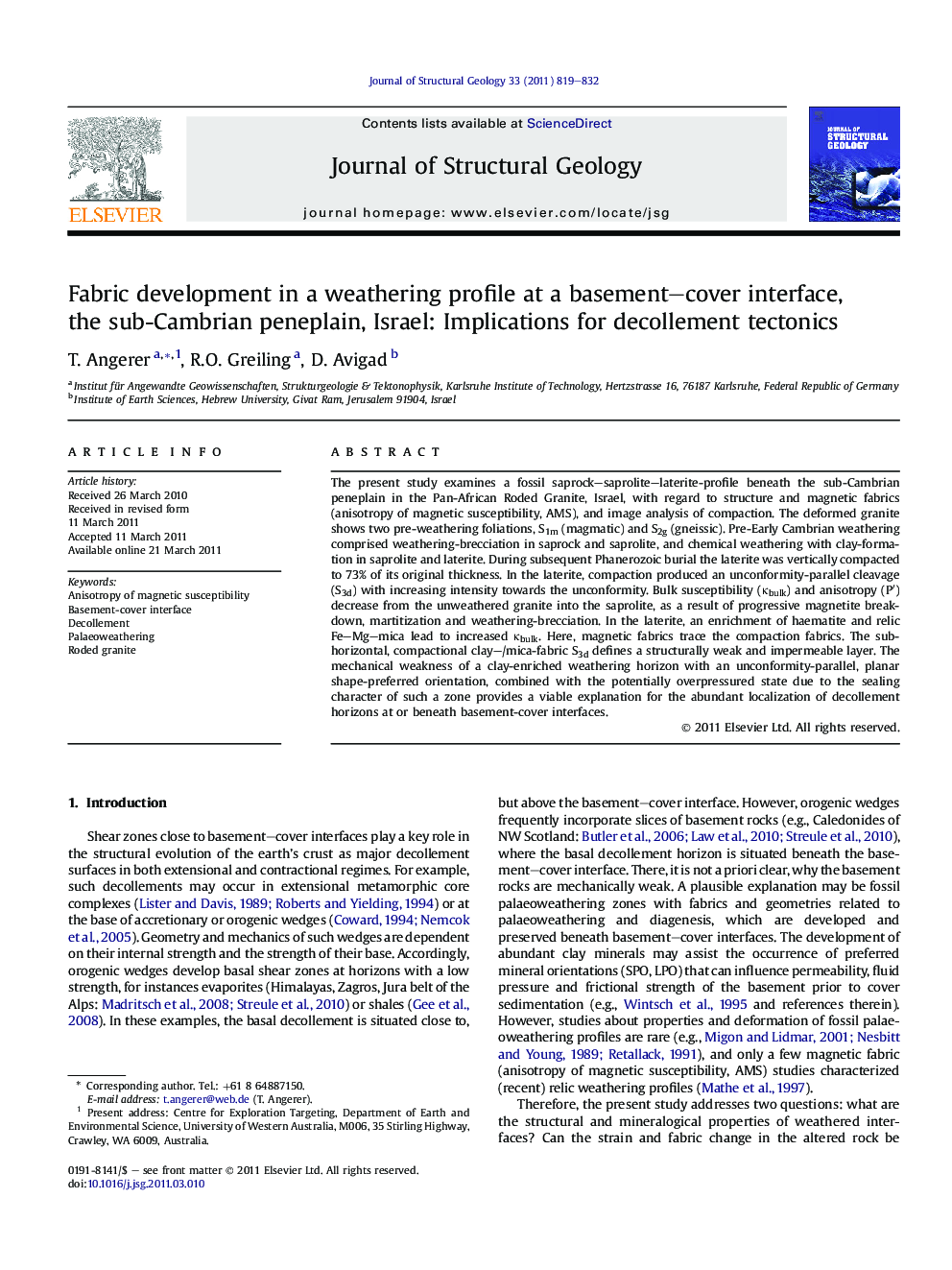 Fabric development in a weathering profile at a basement-cover interface, theÂ sub-Cambrian peneplain, Israel: Implications for decollement tectonics