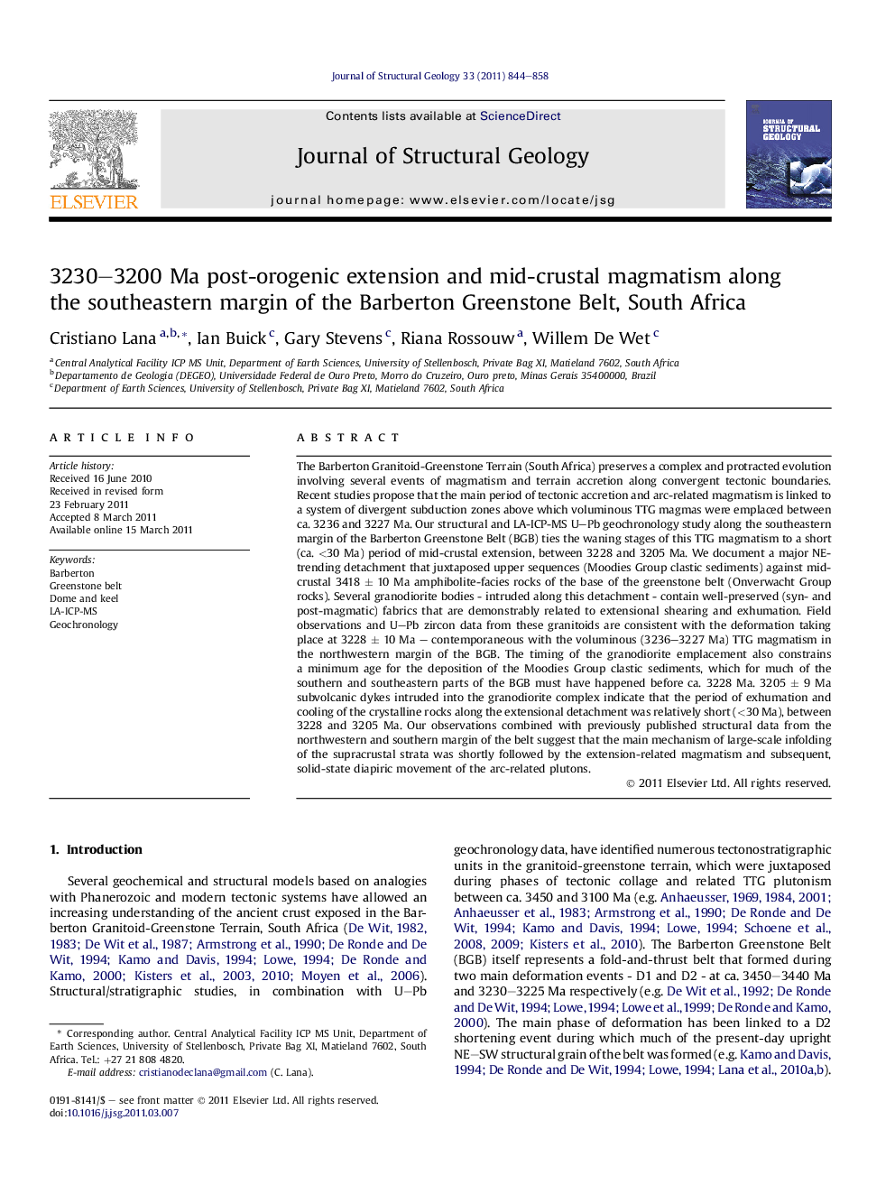 3230-3200Â Ma post-orogenic extension and mid-crustal magmatism along the southeastern margin of the Barberton Greenstone Belt, South Africa