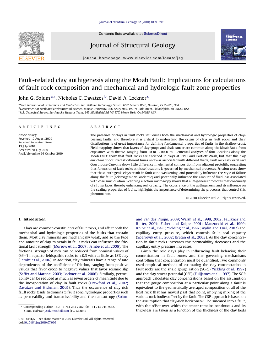 عکس صفحه اول مقاله: Fault-related clay authigenesis along the Moab Fault: Implications for calculations of fault rock composition and mechanical and hydrologic fault zone properties Fault-related clay authigenesis along the Moab Fault: Implications for calculations of fault rock composition and mechanical and hydrologic fault zone properties