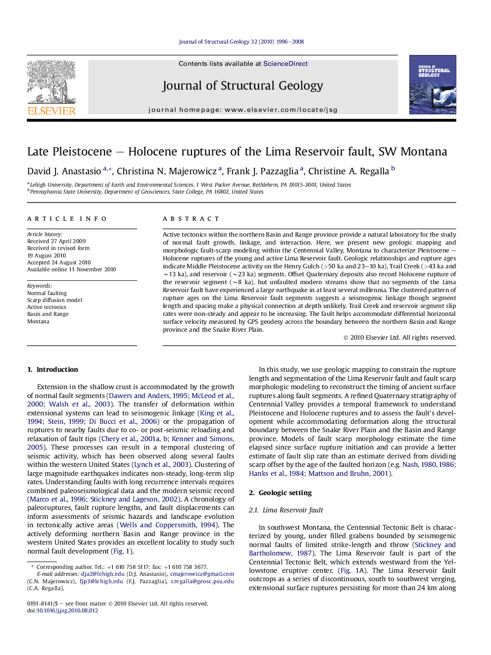 عکس صفحه اول مقاله: Late Pleistocene - Holocene ruptures of the Lima Reservoir fault, SW Montana Late Pleistocene - Holocene ruptures of the Lima Reservoir fault, SW Montana