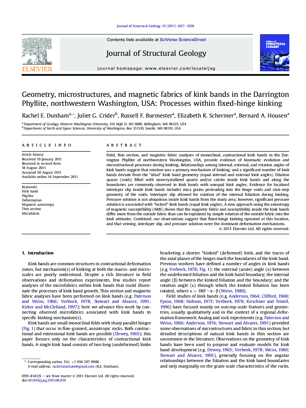 Geometry, microstructures, and magnetic fabrics of kink bands in the Darrington Phyllite, northwestern Washington, USA: Processes within fixed-hinge kinking