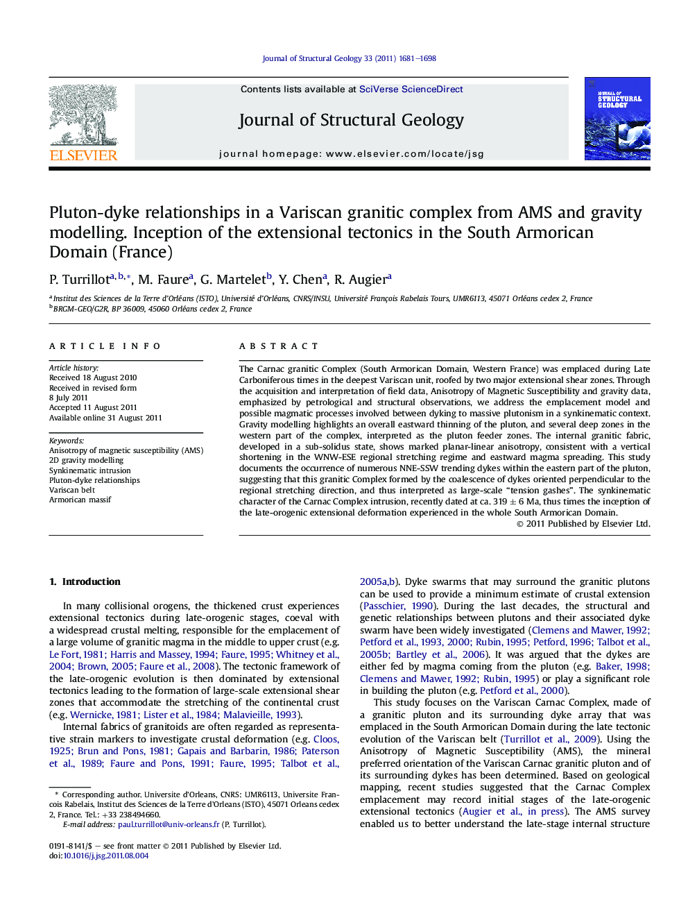 Pluton-dyke relationships in a Variscan granitic complex from AMS and gravity modelling. Inception of the extensional tectonics in the South Armorican Domain (France)