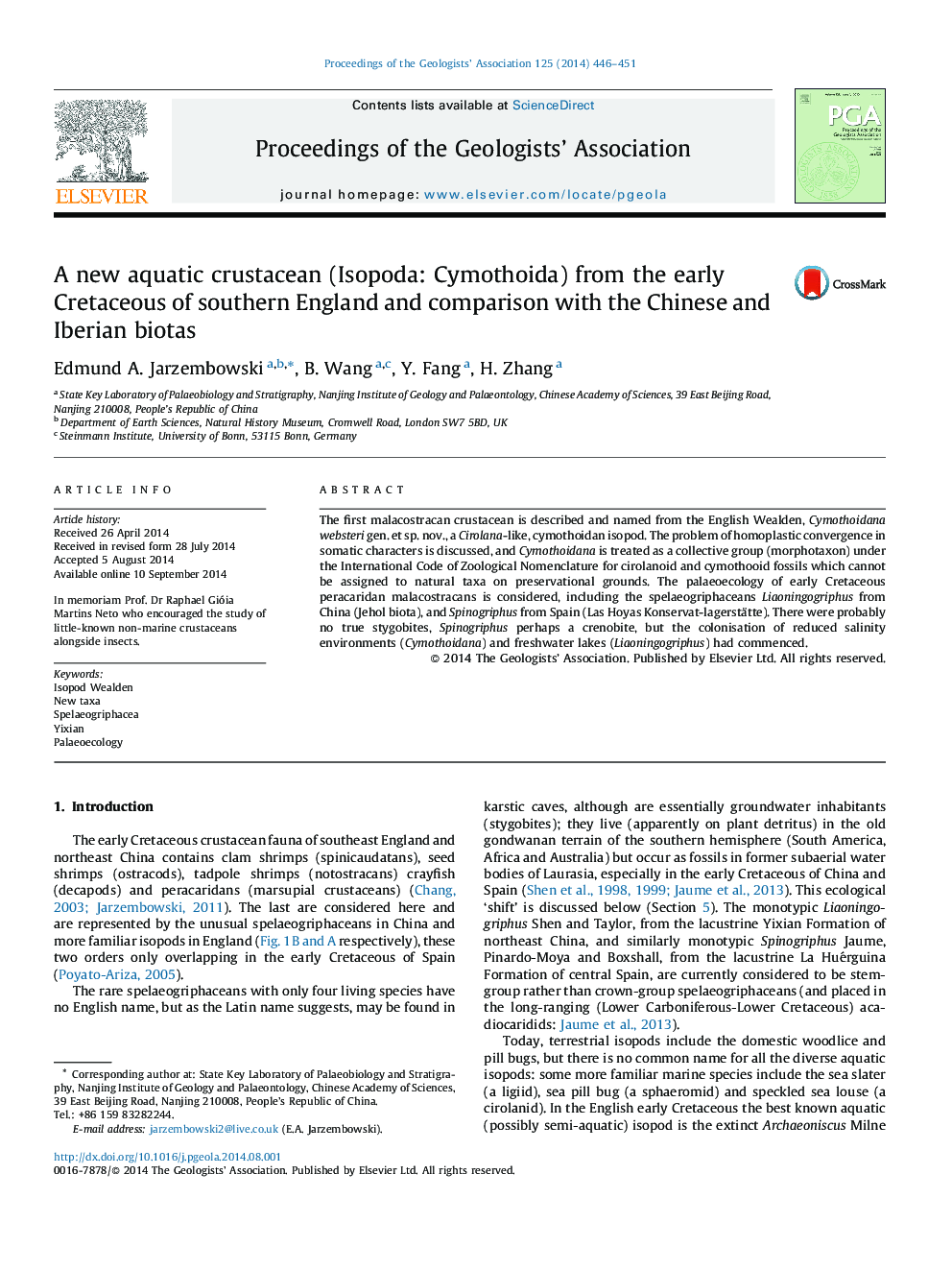 A new aquatic crustacean (Isopoda: Cymothoida) from the early Cretaceous of southern England and comparison with the Chinese and Iberian biotas