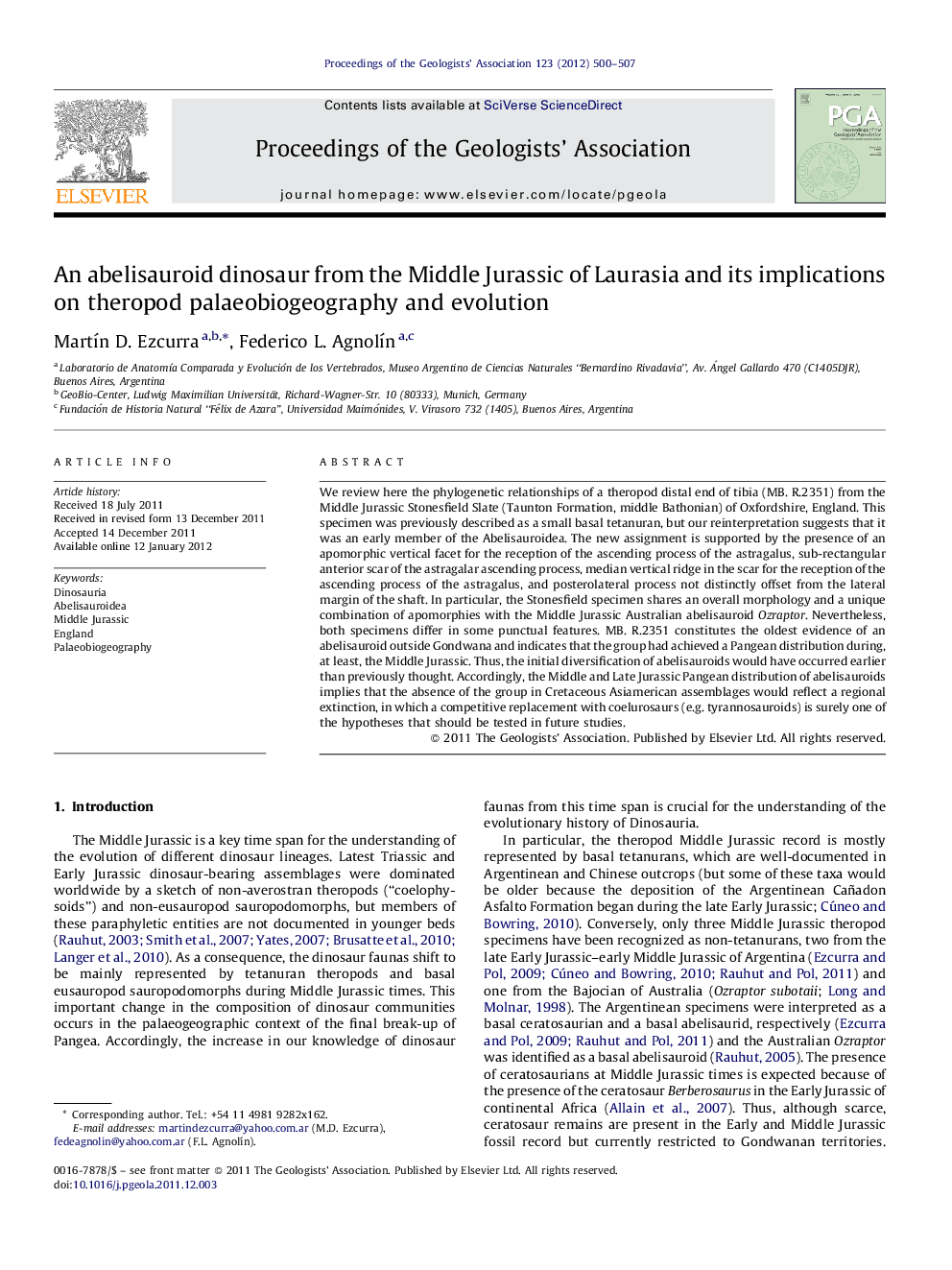 An abelisauroid dinosaur from the Middle Jurassic of Laurasia and its implications on theropod palaeobiogeography and evolution