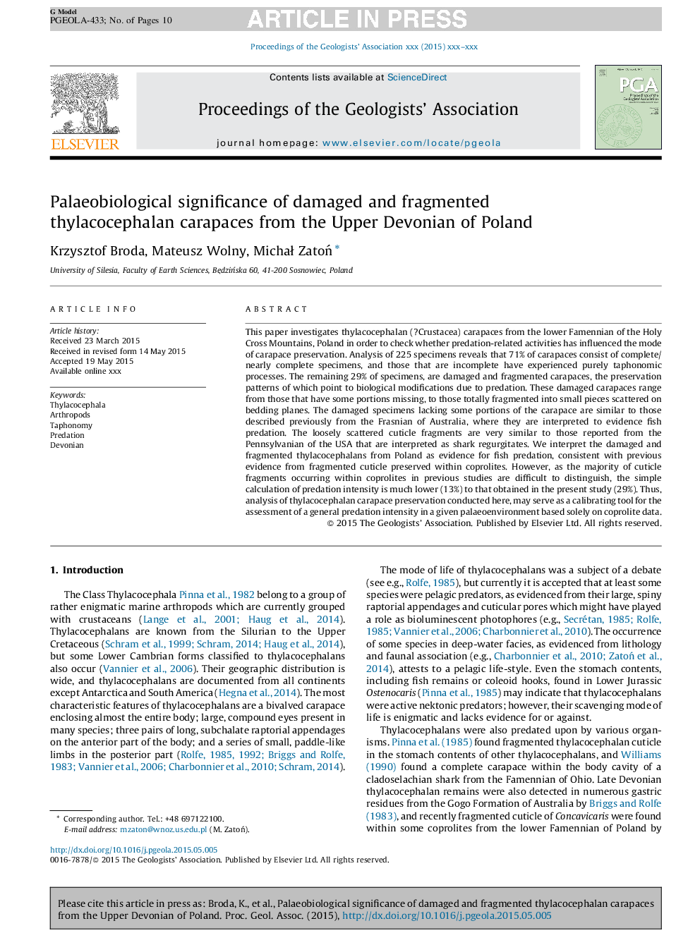 Palaeobiological significance of damaged and fragmented thylacocephalan carapaces from the Upper Devonian of Poland