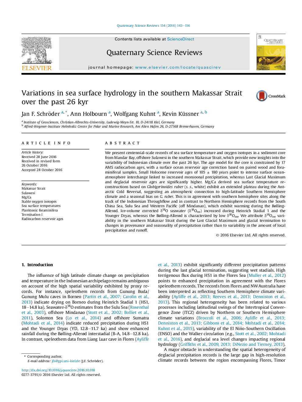 عکس صفحه اول مقاله: Variations in sea surface hydrology in the southern Makassar Strait over the past 26 kyr Variations in sea surface hydrology in the southern Makassar Strait over the past 26 kyr