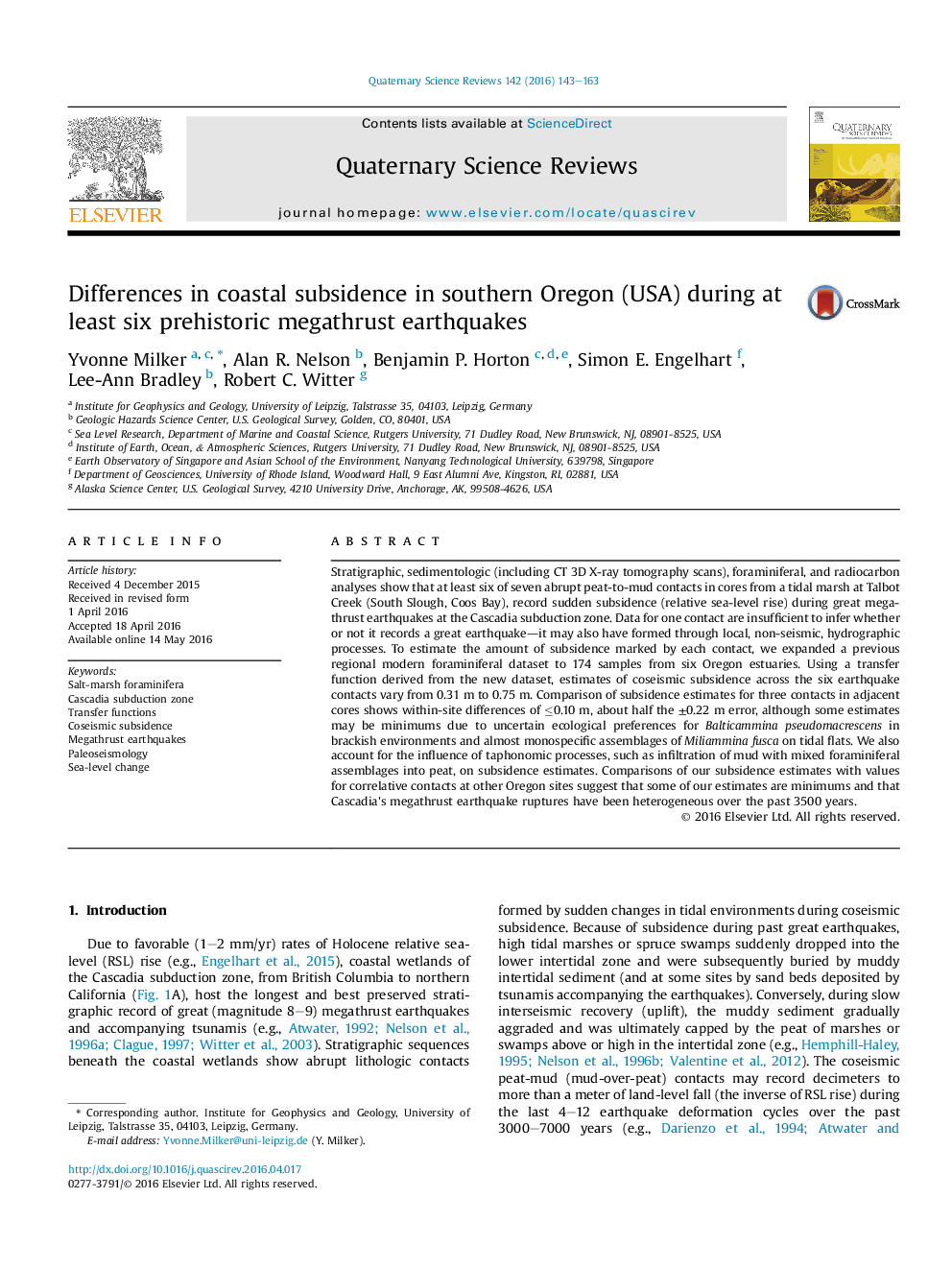 Differences in coastal subsidence in southern Oregon (USA) during at least six prehistoric megathrust earthquakes