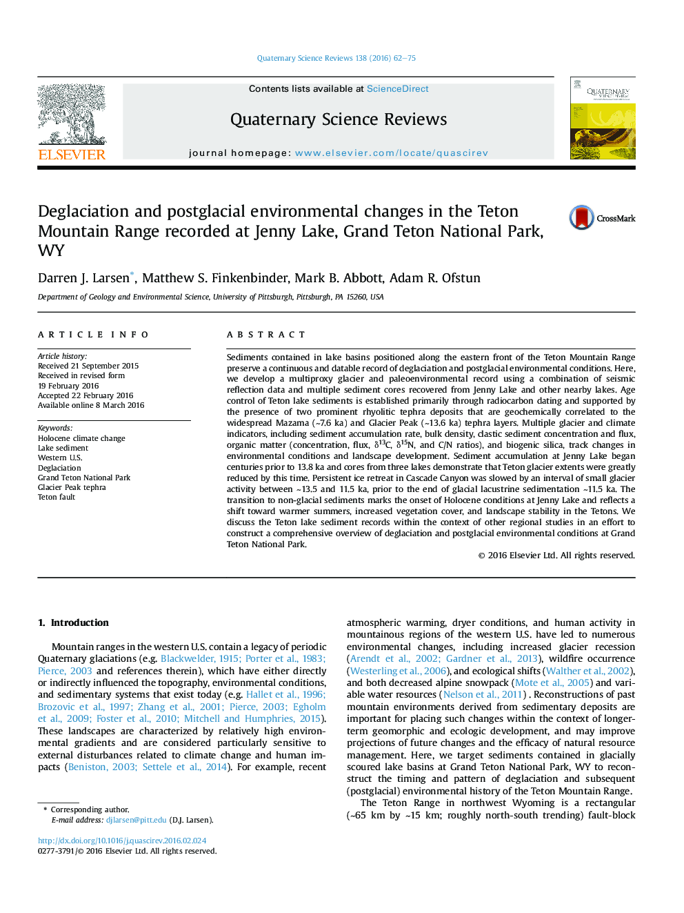 Deglaciation and postglacial environmental changes in the Teton Mountain Range recorded at Jenny Lake, Grand Teton National Park, WY