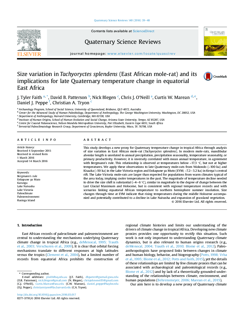 Size variation in Tachyoryctes splendens (East African mole-rat) and its implications for late Quaternary temperature change in equatorial East Africa