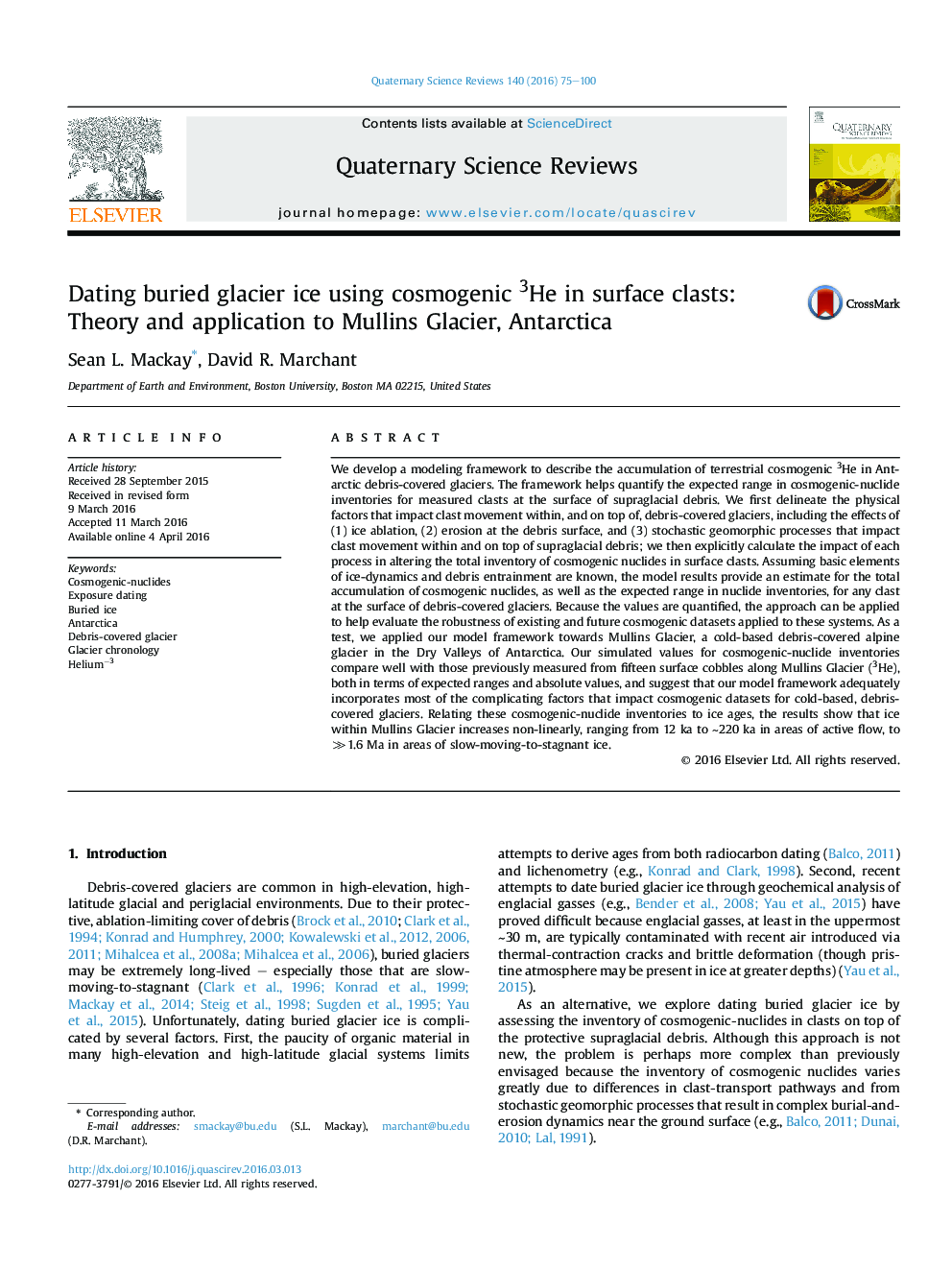 Dating buried glacier ice using cosmogenic 3He in surface clasts: Theory and application to Mullins Glacier, Antarctica