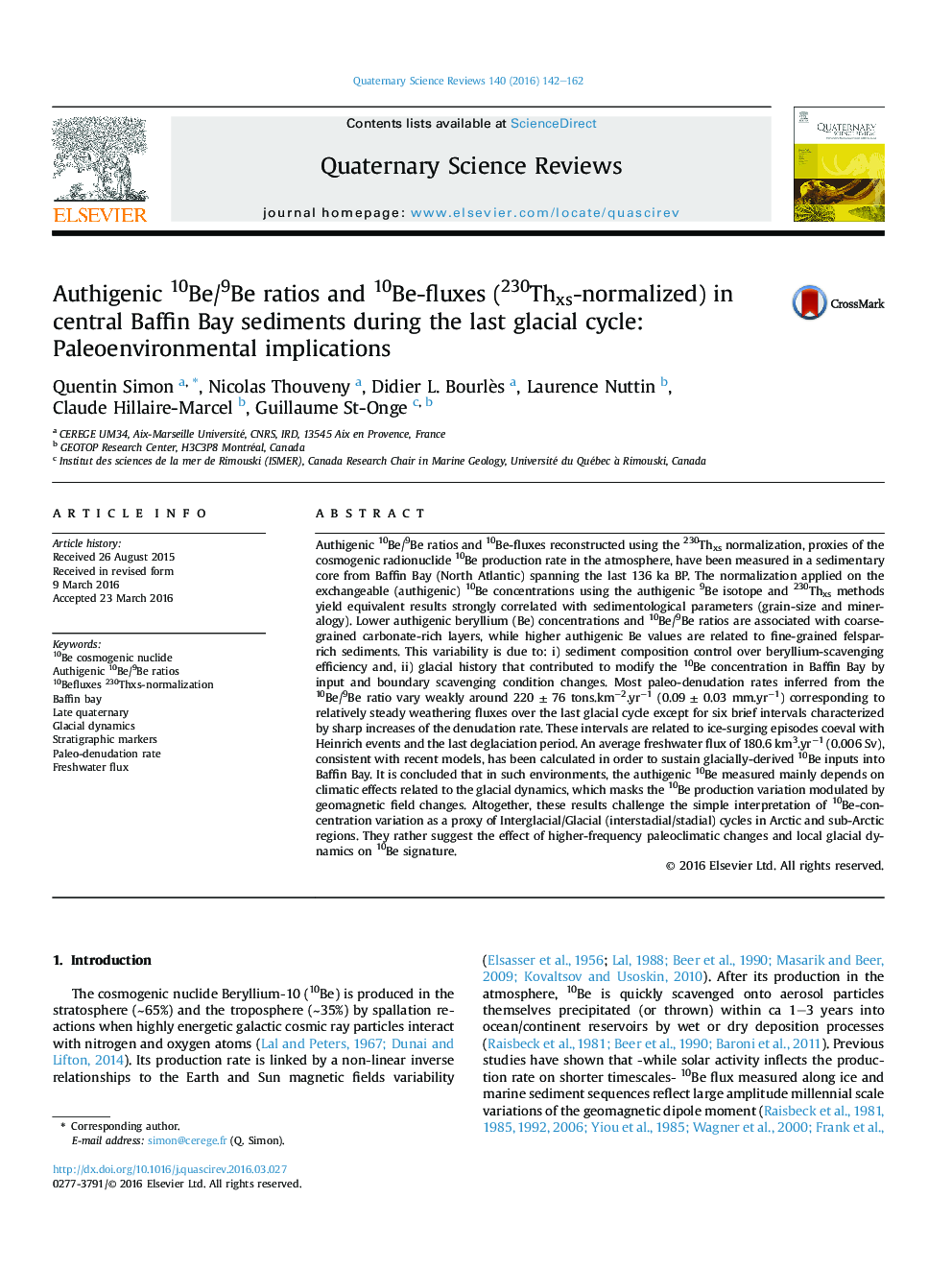 Authigenic 10Be/9Be ratios and 10Be-fluxes (230Thxs-normalized) in central Baffin Bay sediments during the last glacial cycle: Paleoenvironmental implications