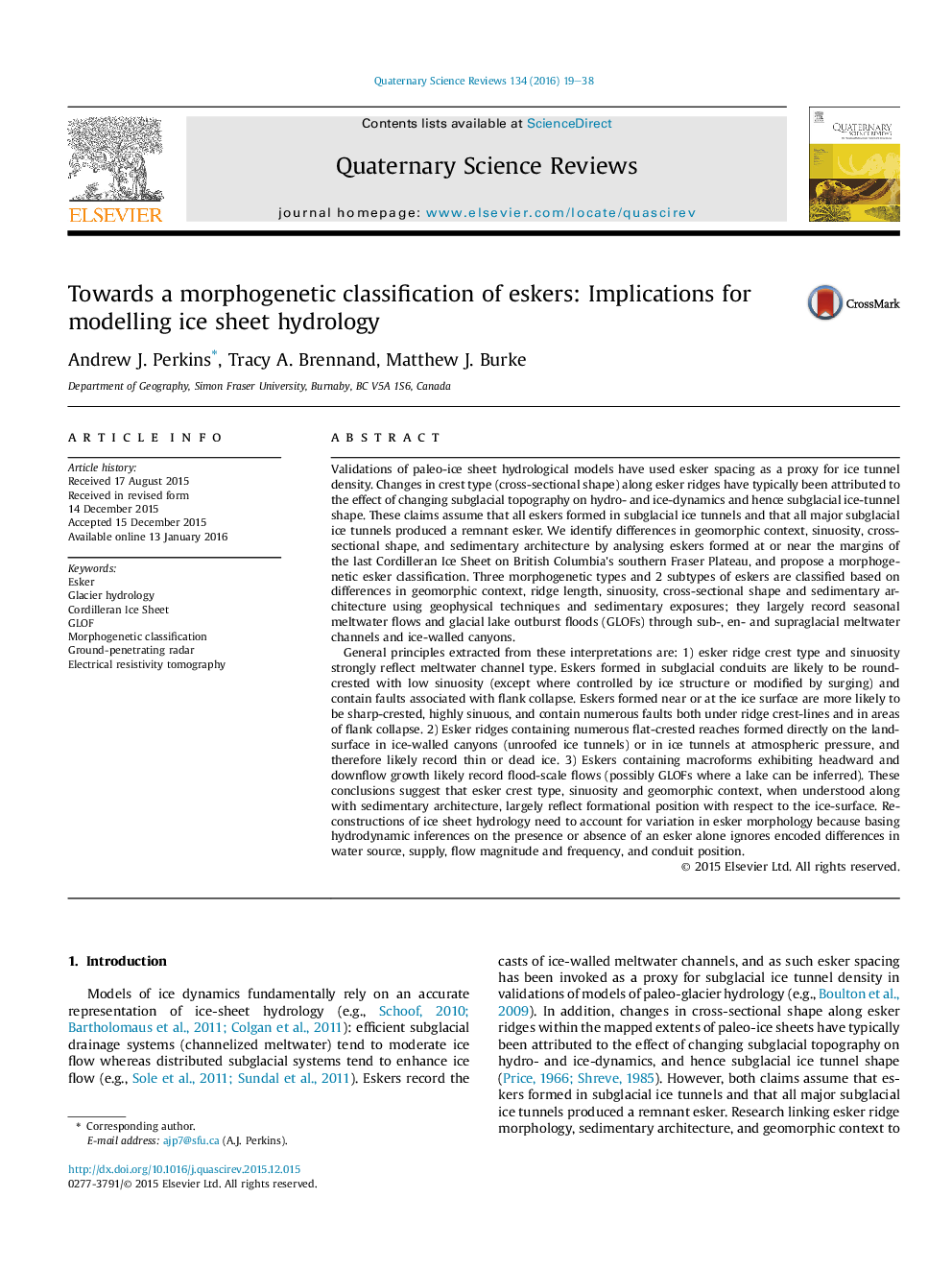 Towards a morphogenetic classification of eskers: Implications for modelling ice sheet hydrology