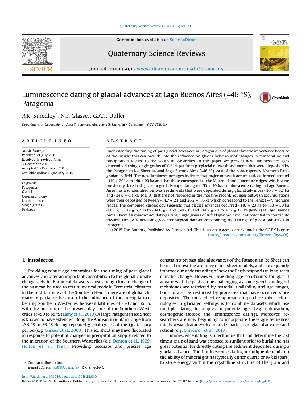 Luminescence dating of glacial advances at Lago Buenos Aires (â¼46 Â°S), Patagonia