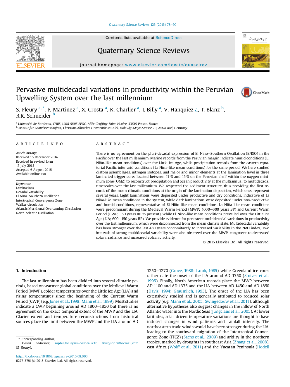 Pervasive multidecadal variations in productivity within the Peruvian Upwelling System over the last millennium