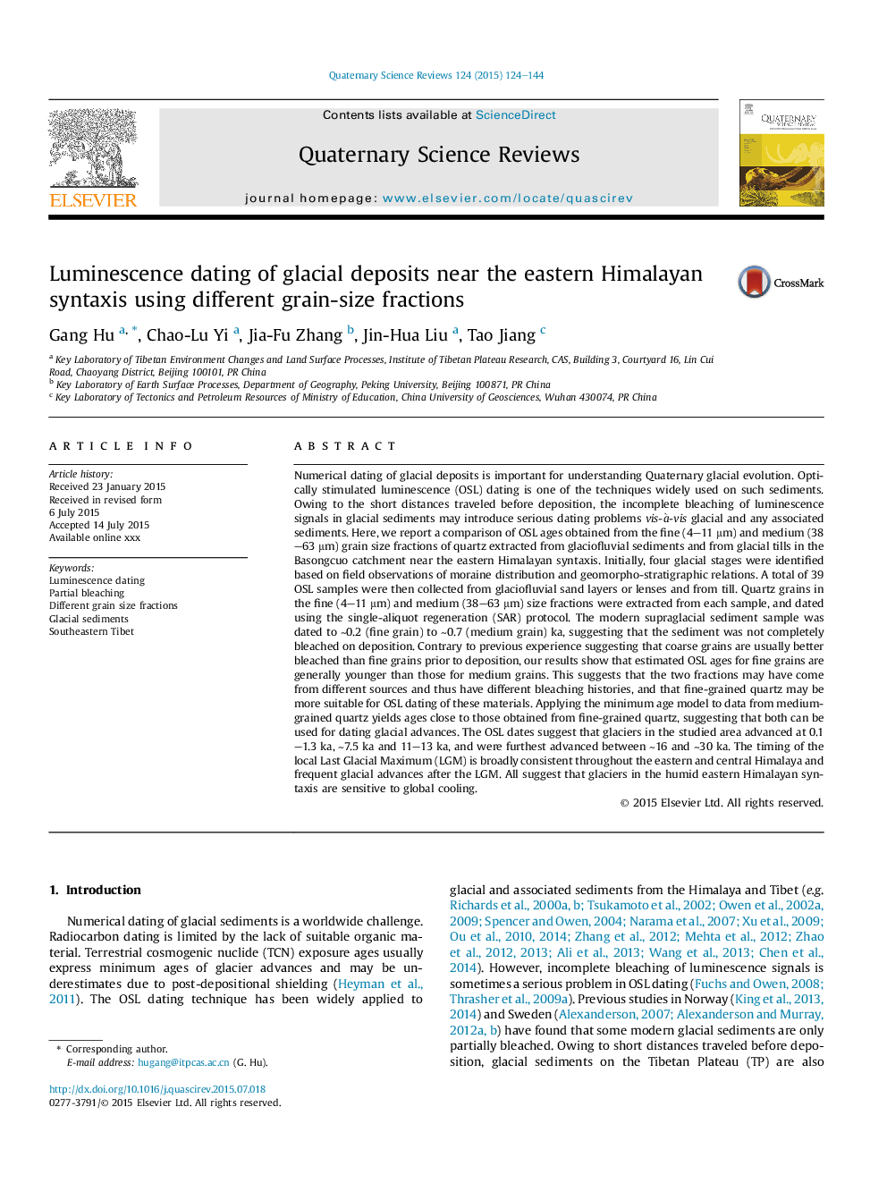 Luminescence dating of glacial deposits near the eastern Himalayan syntaxis using different grain-size fractions