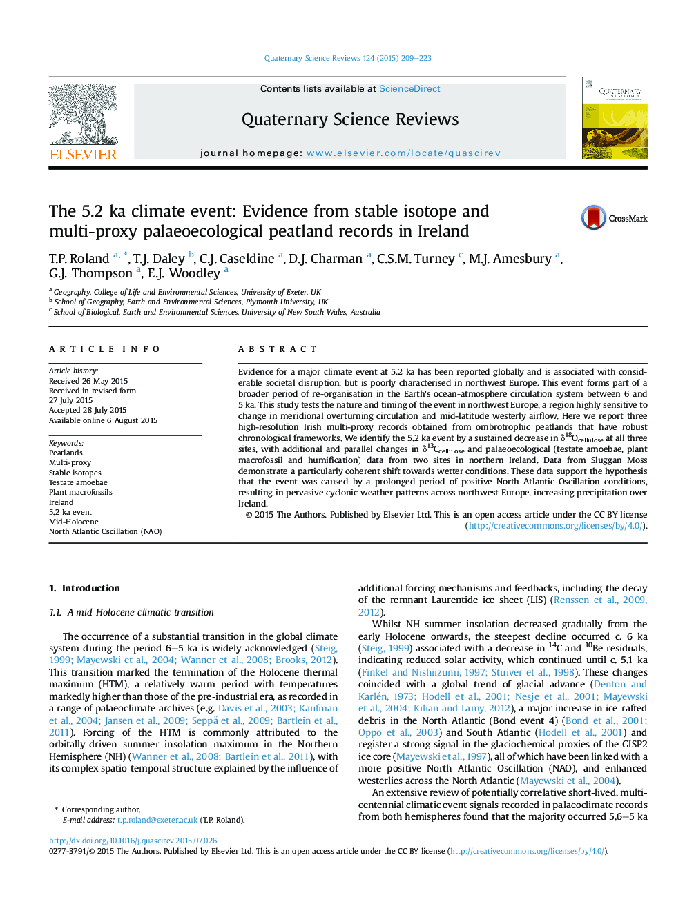 The 5.2Â ka climate event: Evidence from stable isotope and multi-proxy palaeoecological peatland records in Ireland