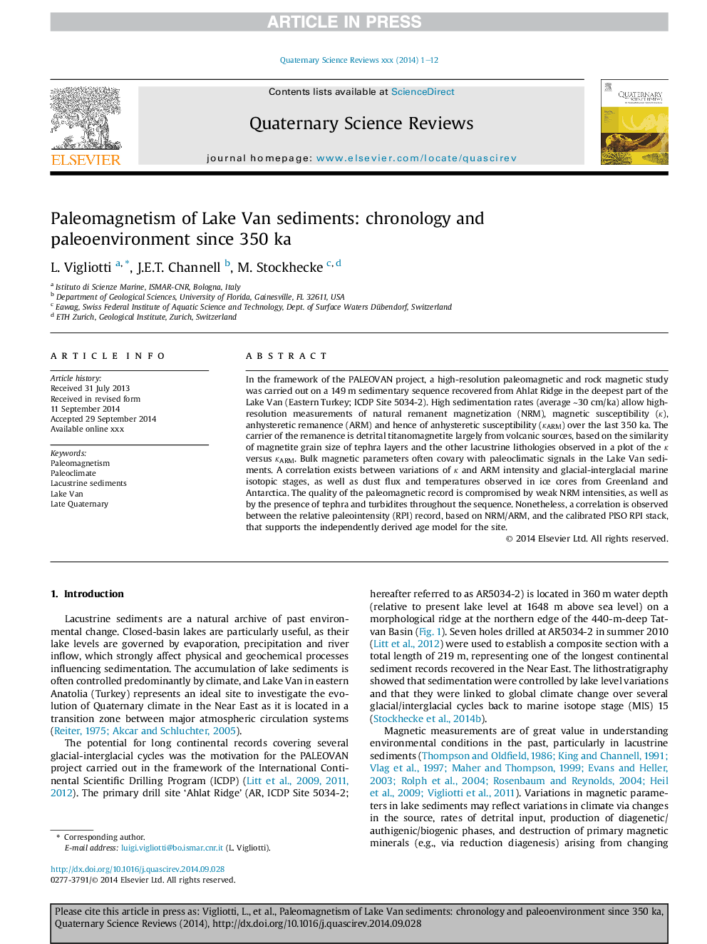 Paleomagnetism of Lake Van sediments: chronology and paleoenvironment since 350Â ka