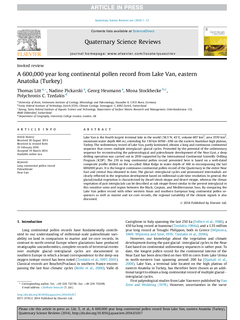 A 600,000Â year long continental pollen record from Lake Van, eastern Anatolia (Turkey)