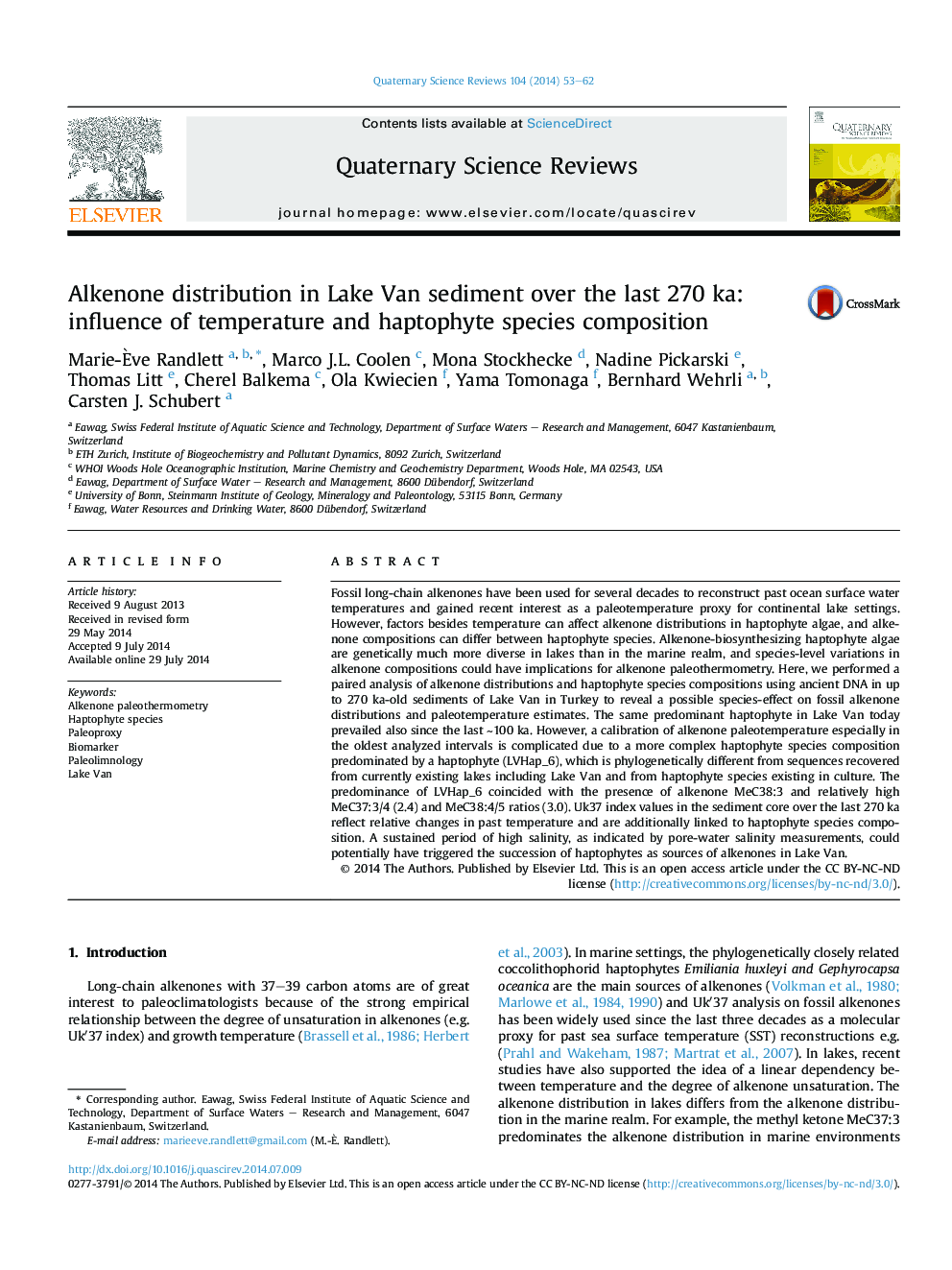 Alkenone distribution in Lake Van sediment over the last 270Â ka: influence of temperature and haptophyte species composition