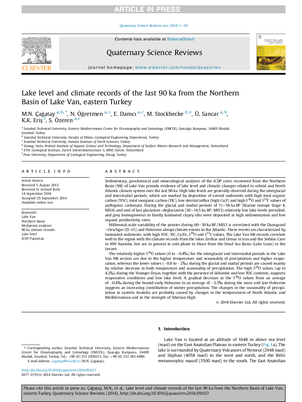 Lake level and climate records of the last 90Â ka from the Northern Basin of Lake Van, eastern Turkey