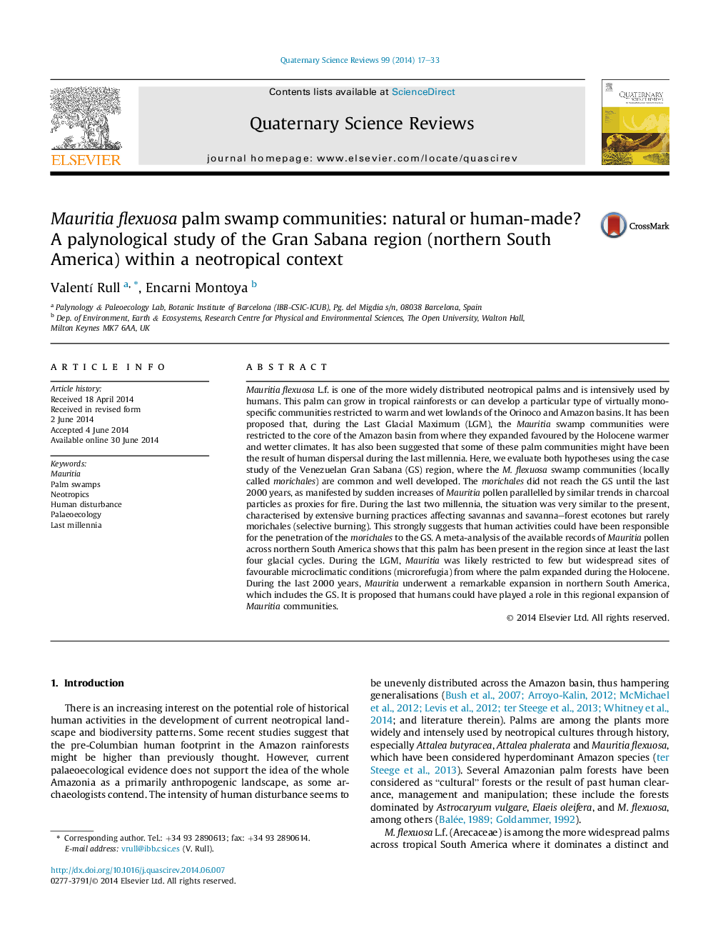 Mauritia flexuosa palm swamp communities: natural or human-made? A palynological study of the Gran Sabana region (northern South America) within a neotropical context