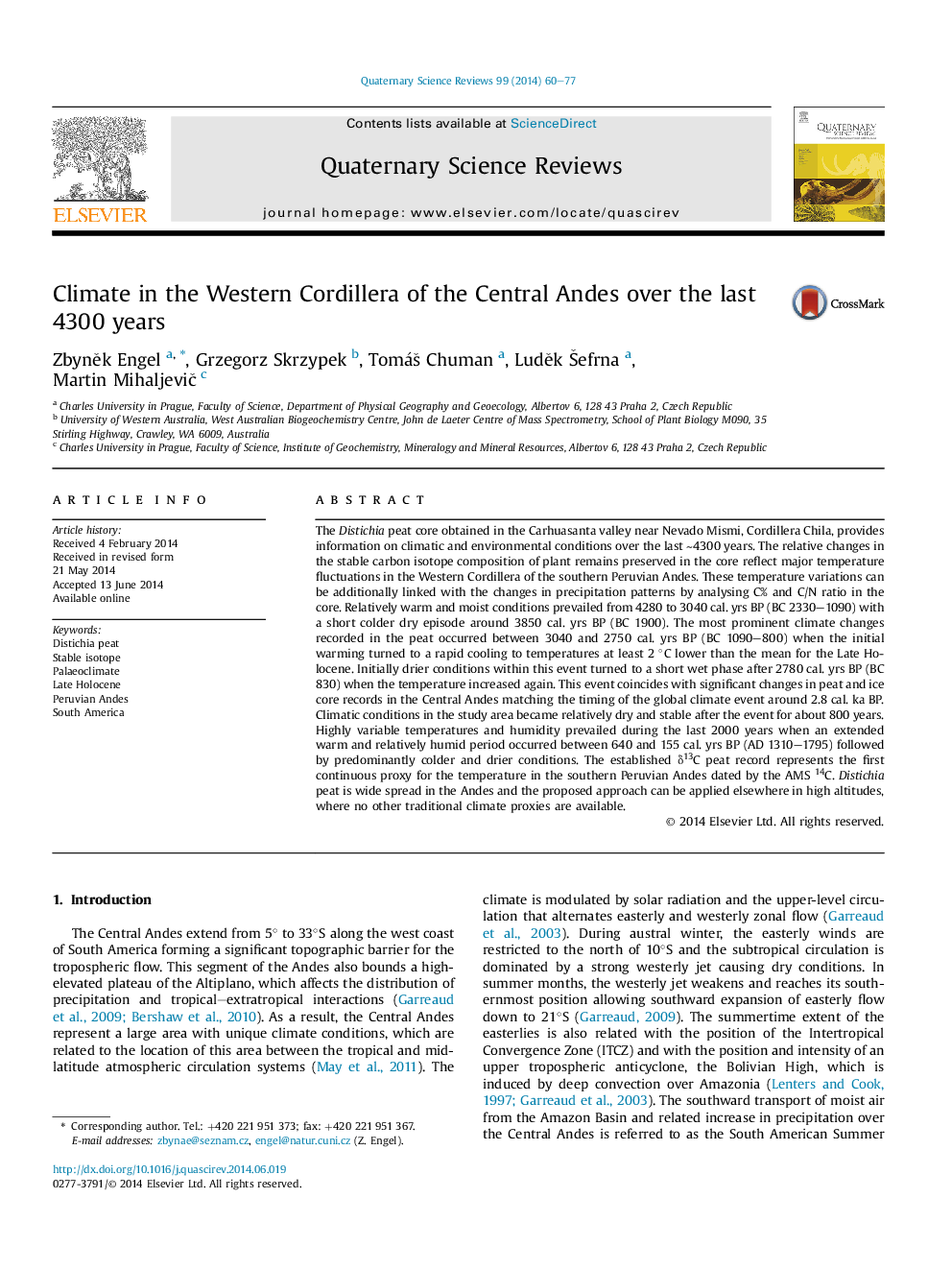 Climate in the Western Cordillera of the Central Andes over the last 4300 years