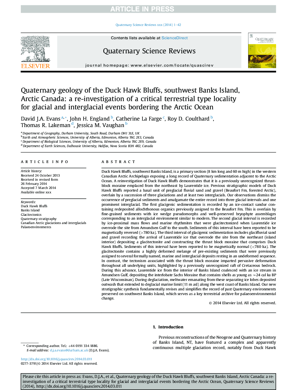 Quaternary geology of the Duck Hawk Bluffs, southwest Banks Island, Arctic Canada: a re-investigation of a critical terrestrial type locality for glacial and interglacial events bordering the Arctic Ocean