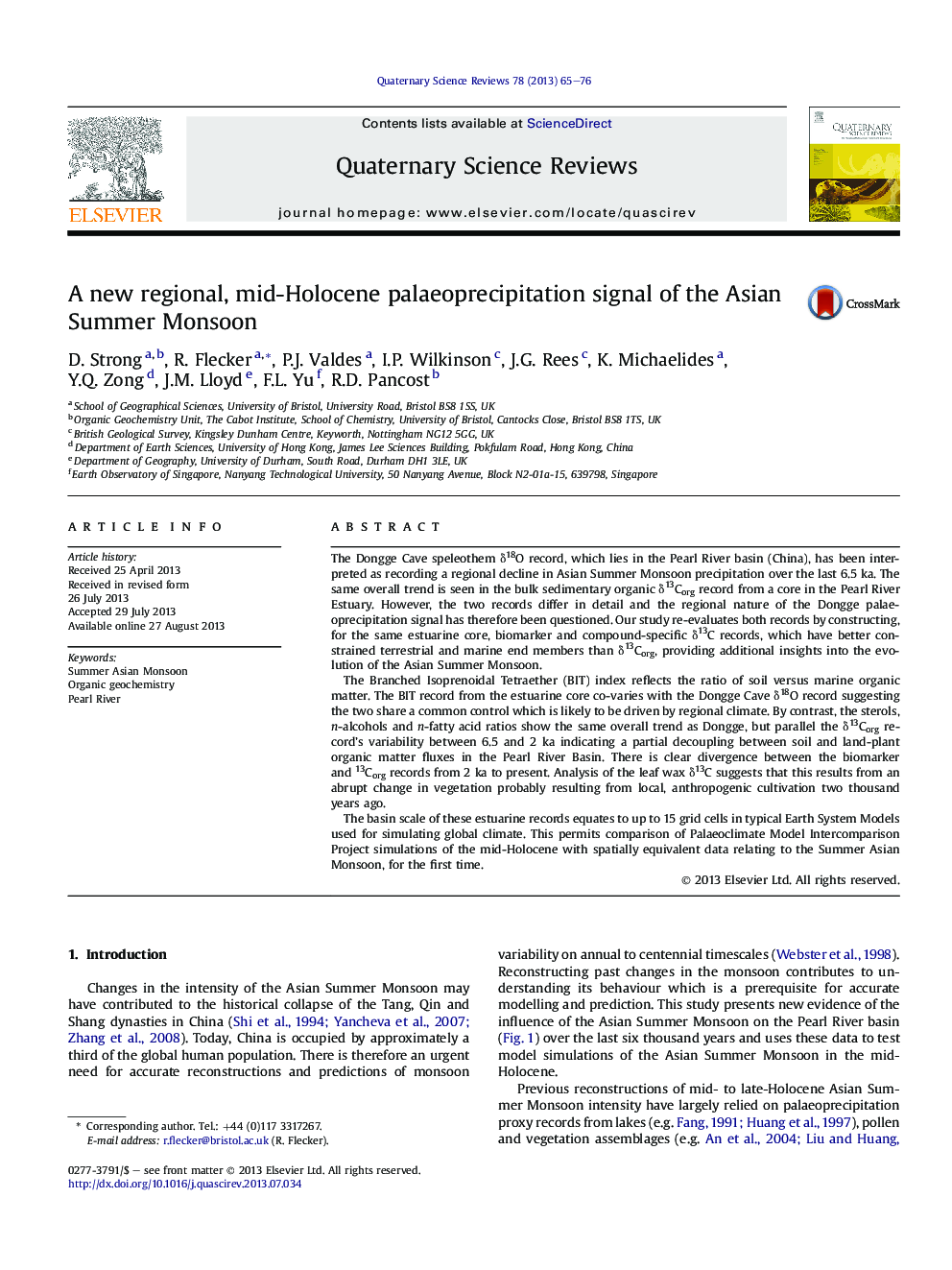 A new regional, mid-Holocene palaeoprecipitation signal of the Asian Summer Monsoon