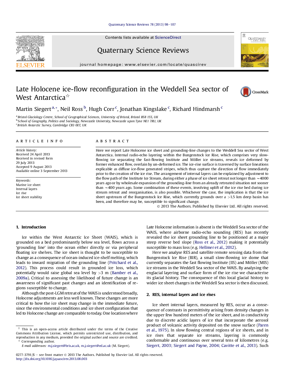 Late Holocene ice-flow reconfiguration in the Weddell Sea sector of West Antarctica