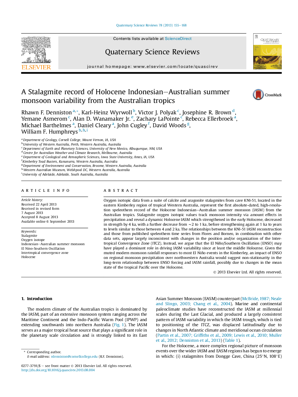 A Stalagmite record of Holocene Indonesian-Australian summer monsoon variability from the Australian tropics