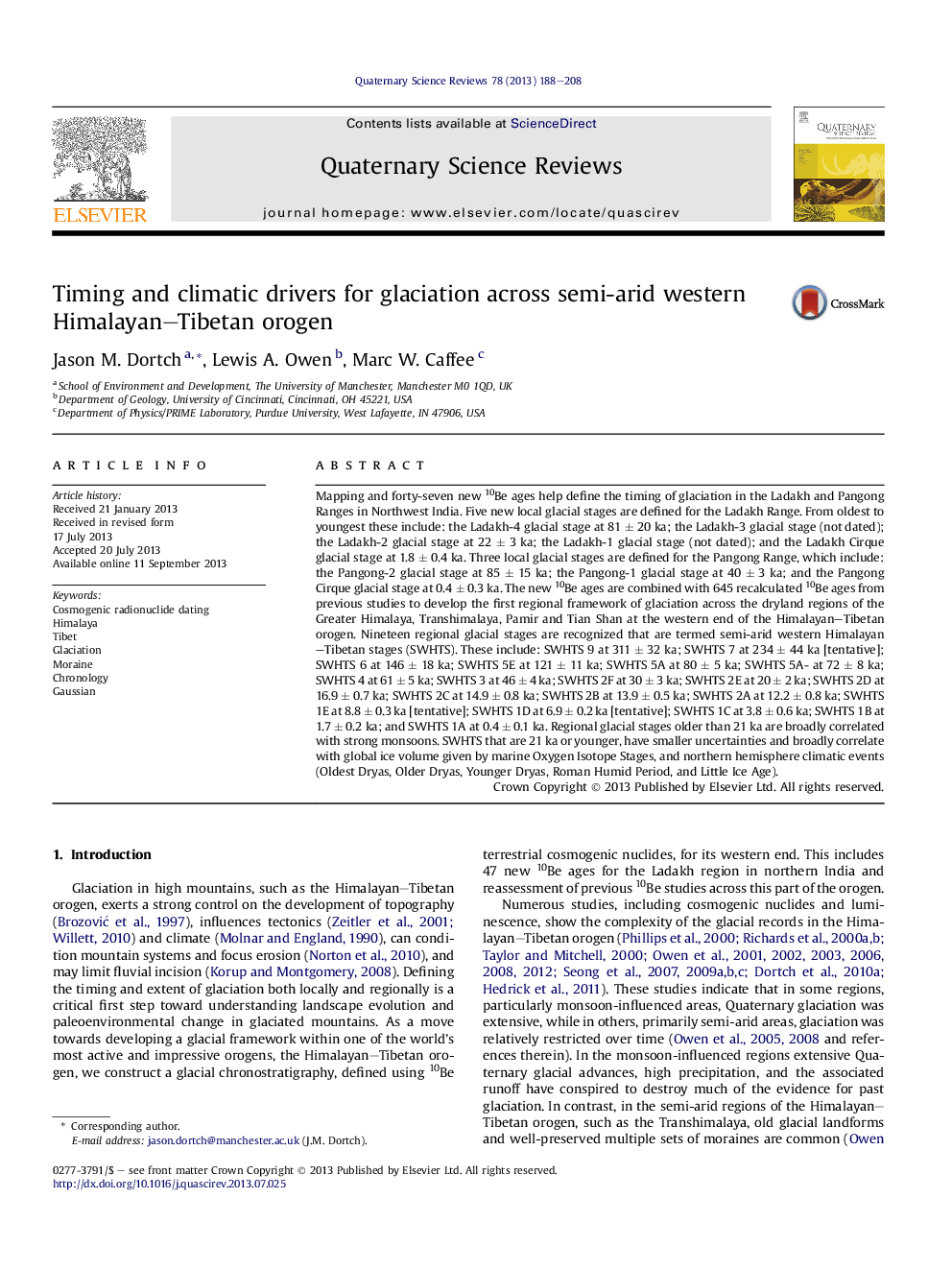 Timing and climatic drivers for glaciation across semi-arid western Himalayan-Tibetan orogen