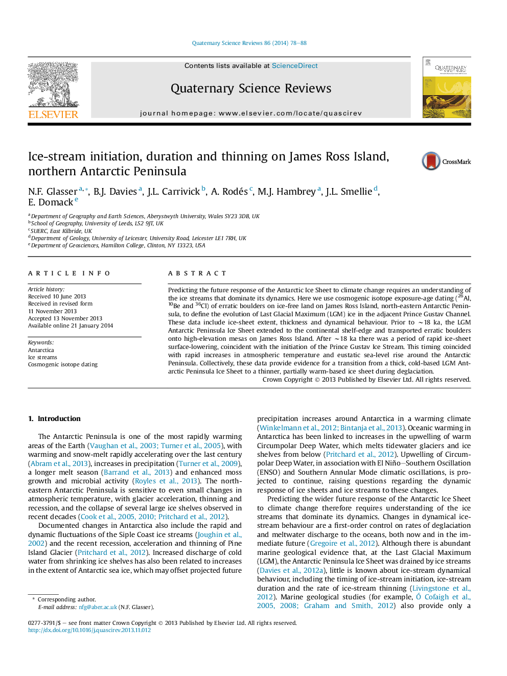 Ice-stream initiation, duration and thinning on James Ross Island, northern Antarctic Peninsula