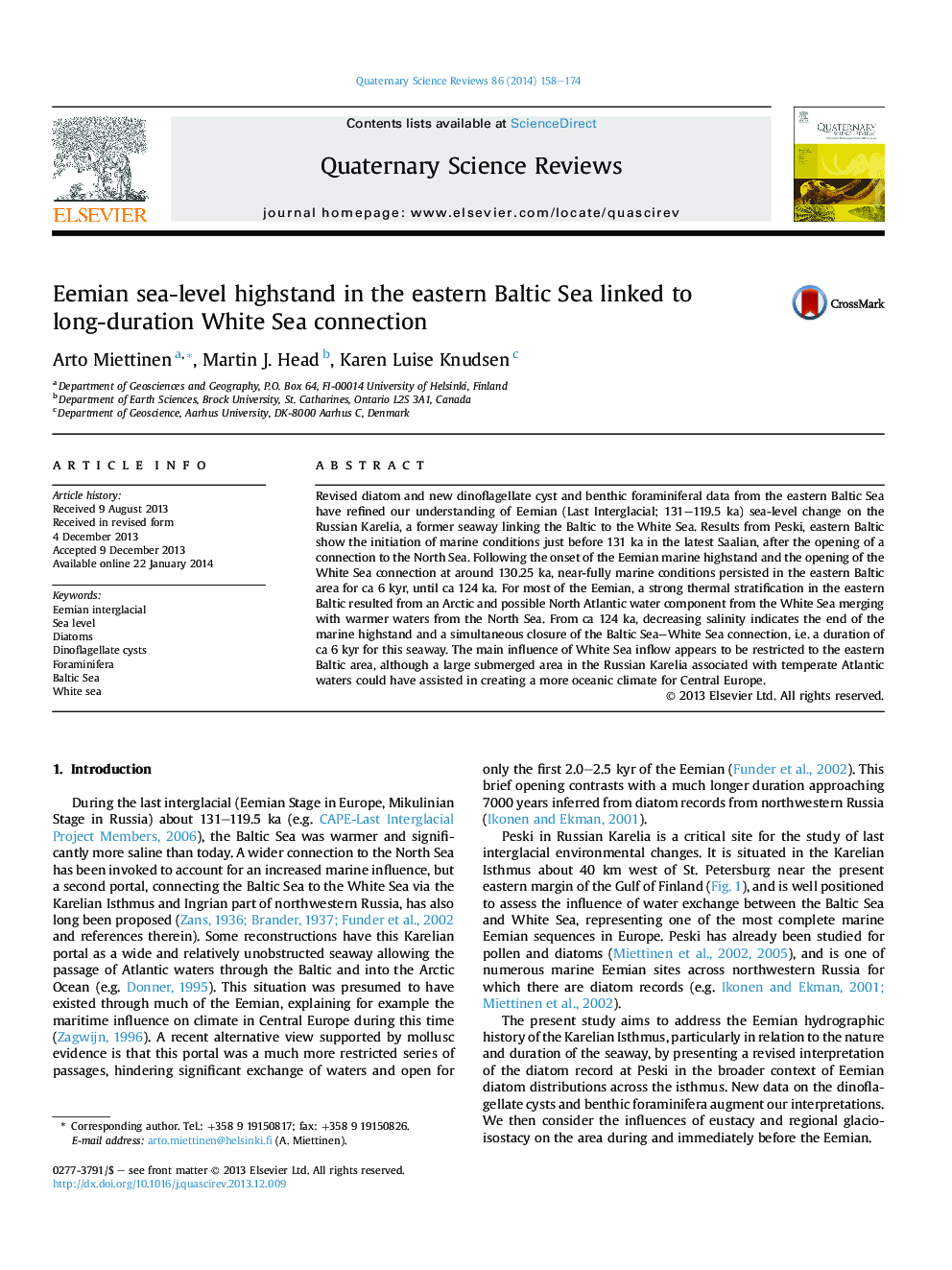 Eemian sea-level highstand in the eastern Baltic Sea linked to long-duration White Sea connection