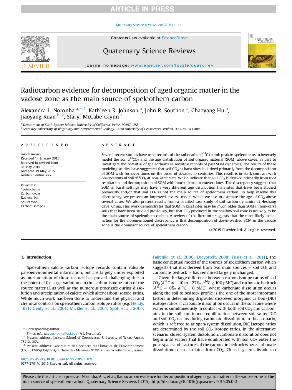 Radiocarbon evidence for decomposition of aged organic matter in the vadose zone as the main source of speleothem carbon