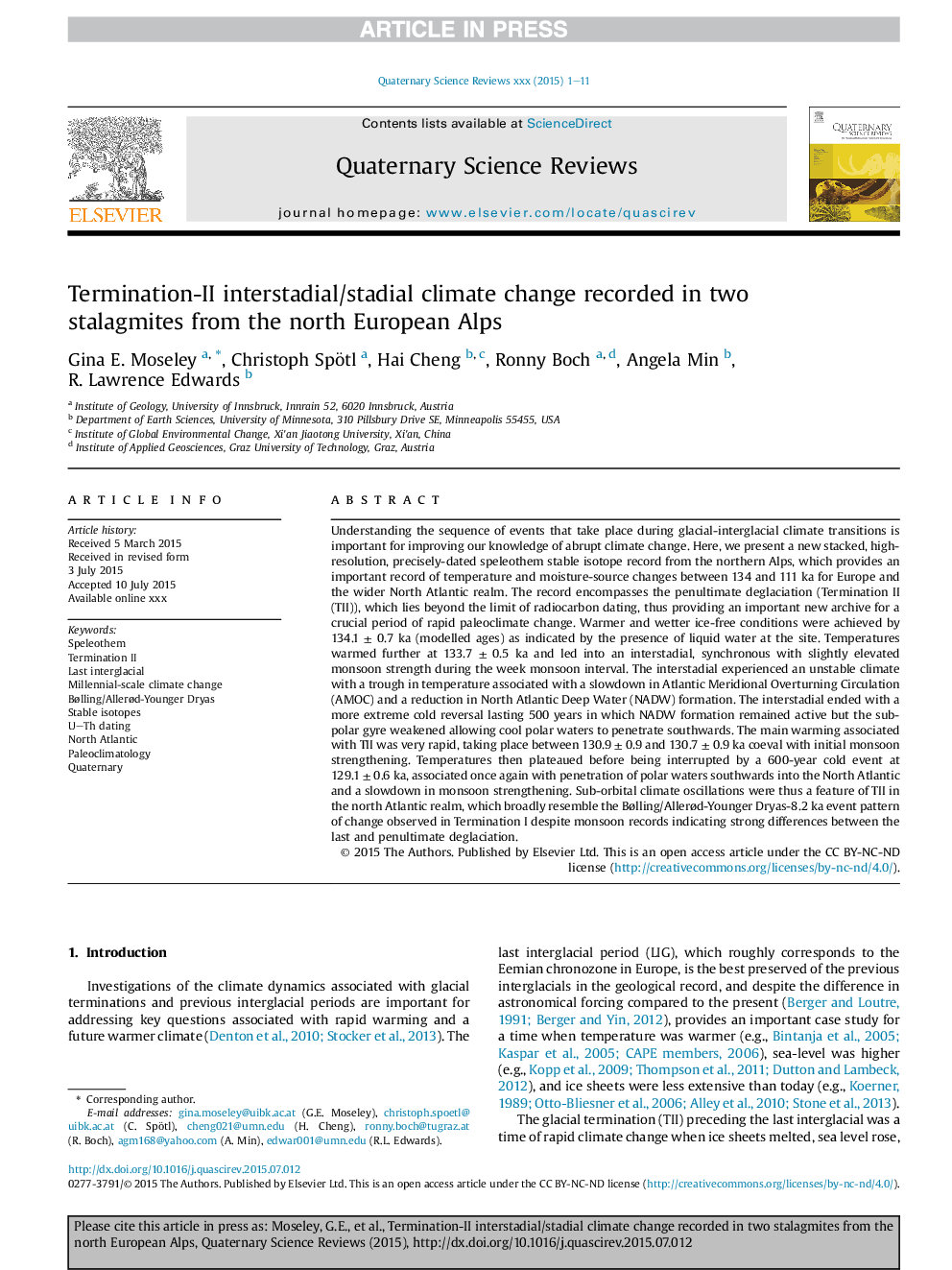 عکس صفحه اول مقاله: Termination-II interstadial/stadial climate change recorded in two stalagmites from the north European Alps Termination-II interstadial/stadial climate change recorded in two stalagmites from the north European Alps