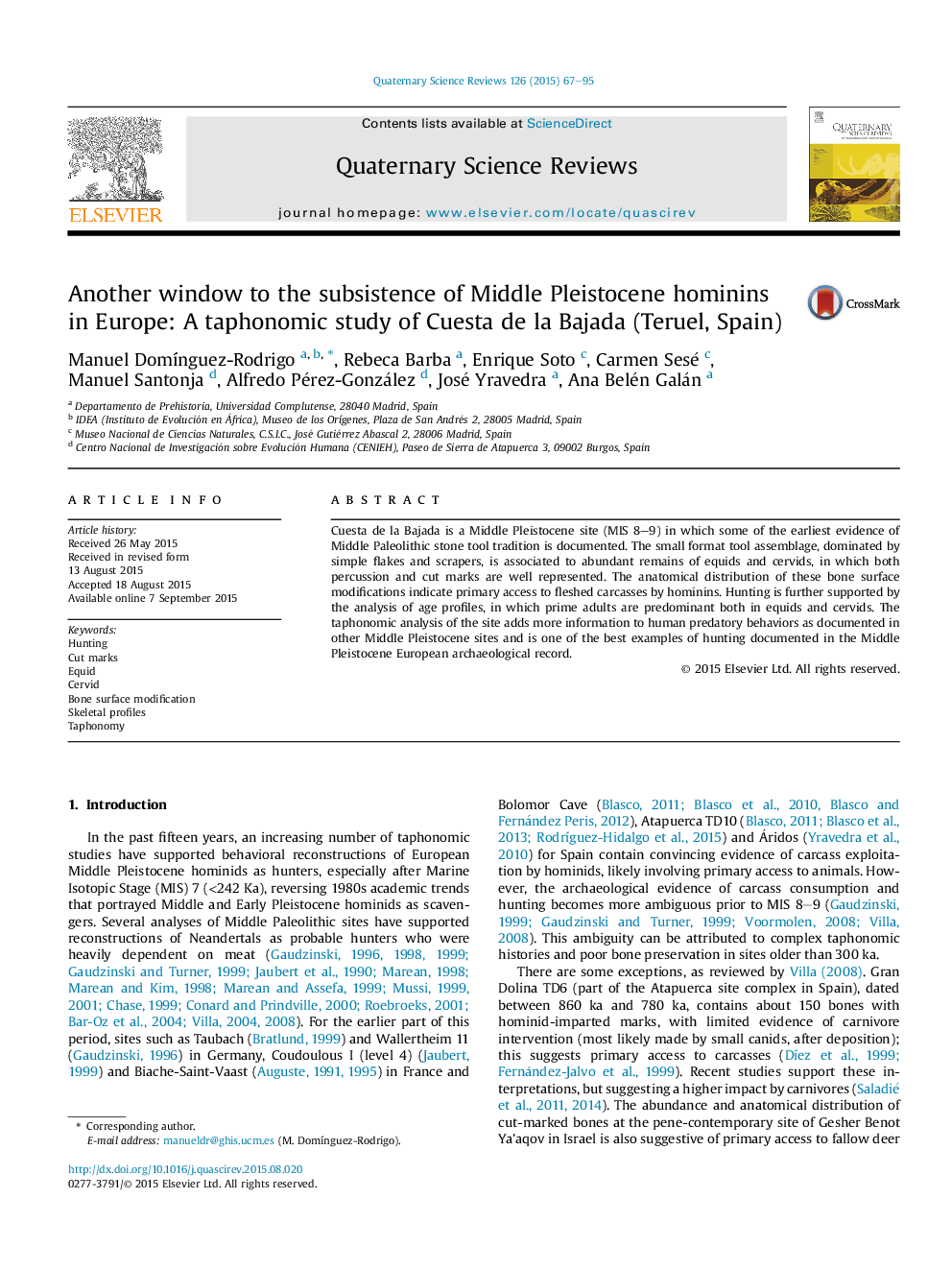 Another window to the subsistence of Middle Pleistocene hominins in Europe: A taphonomic study of Cuesta de la Bajada (Teruel, Spain)