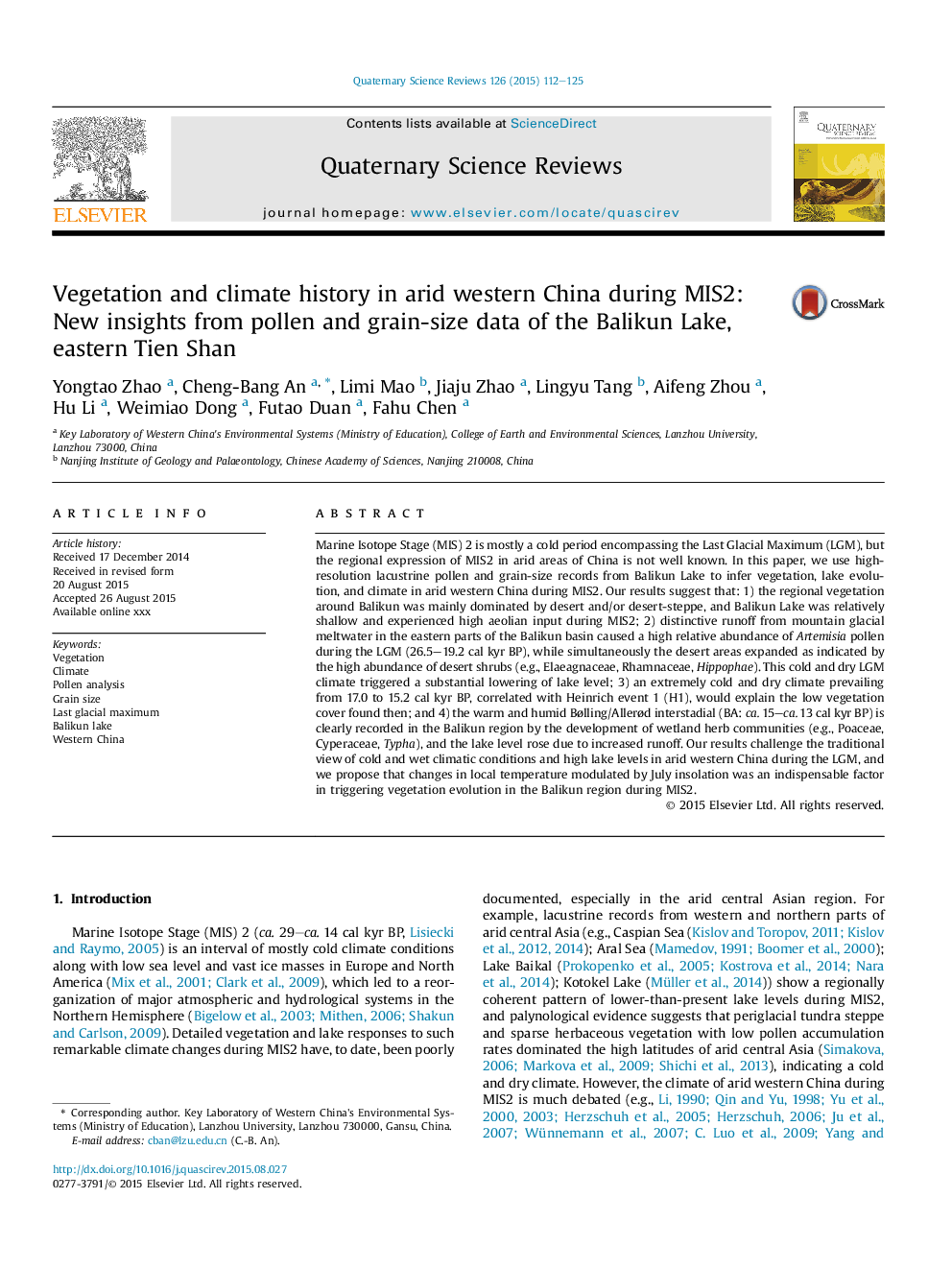 Vegetation and climate history in arid western China during MIS2: New insights from pollen and grain-size data of the Balikun Lake, eastern Tien Shan