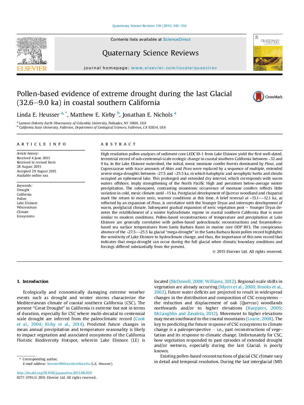 Pollen-based evidence of extreme drought during the last Glacial (32.6-9.0Â ka) in coastal southern California