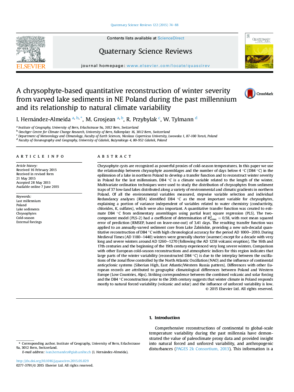 A chrysophyte-based quantitative reconstruction of winter severity from varved lake sediments in NE Poland during the past millennium and its relationship to natural climate variability