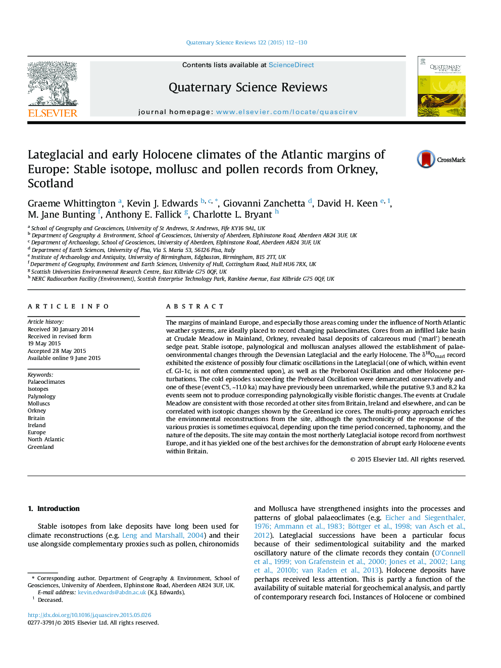 Lateglacial and early Holocene climates of the Atlantic margins of Europe: Stable isotope, mollusc and pollen records from Orkney, Scotland