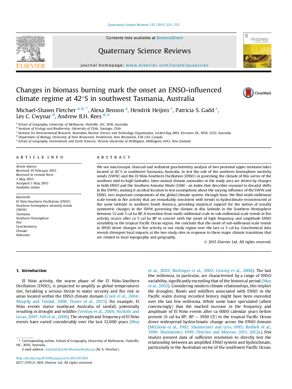 Changes in biomass burning mark the onset of an ENSO-influenced climate regime at 42Â°S in southwest Tasmania, Australia