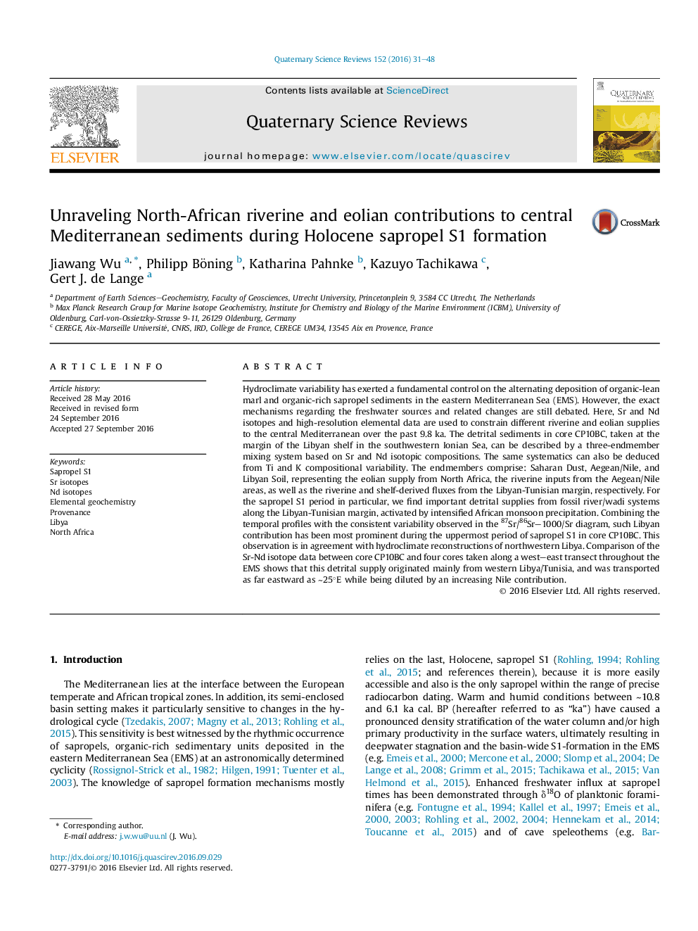 Unraveling North-African riverine and eolian contributions to central Mediterranean sediments during Holocene sapropel S1 formation