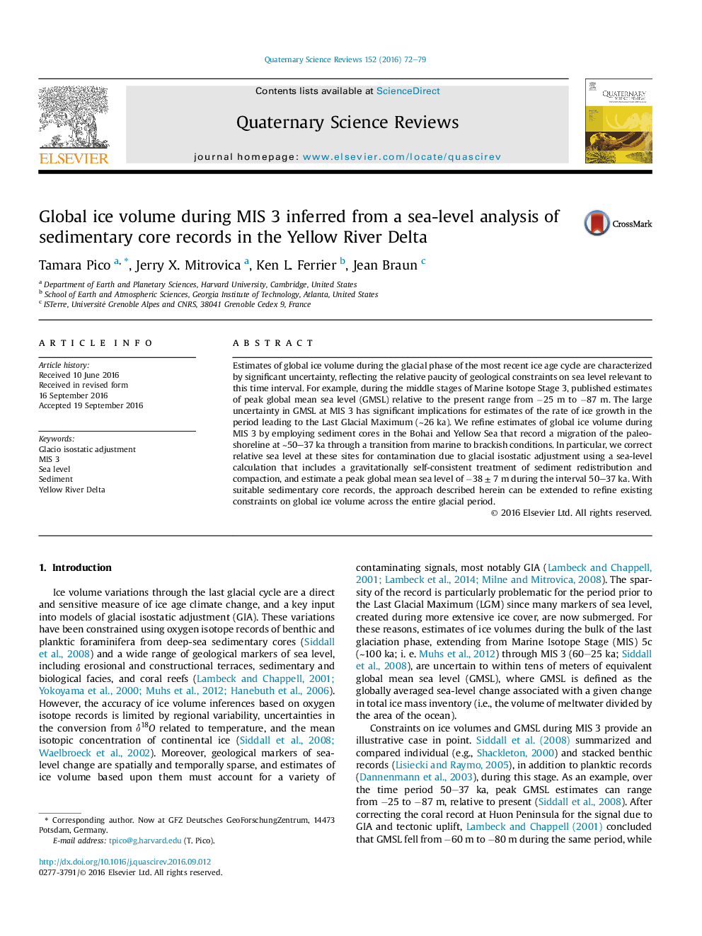 Global ice volume during MIS 3 inferred from a sea-level analysis of sedimentary core records in the Yellow River Delta